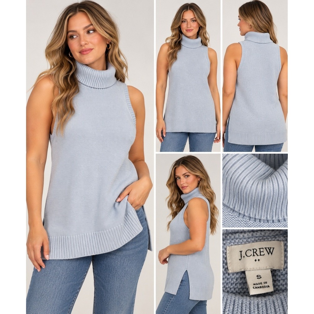 J.Crew Womens Sleeveless Turtleneck Sweater Light Blue Knit Tunic Side Slit S